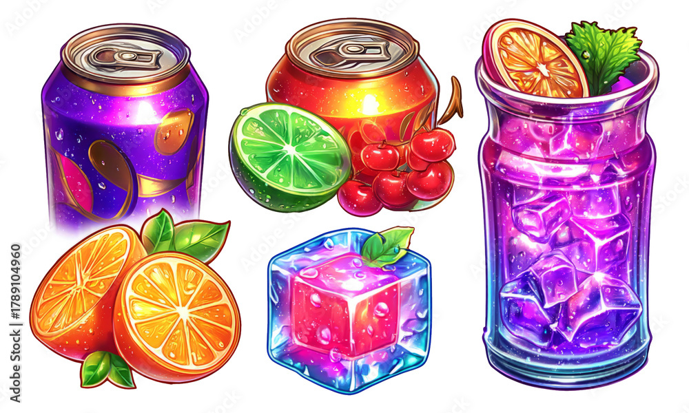 Fototapeta premium Vibrant Beverage Illustration Featuring Cans, Fruits, and Ice in Bright Colors