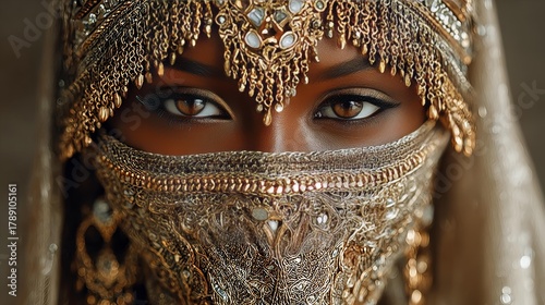 Mysterious Veiled Woman in Ornate Gold