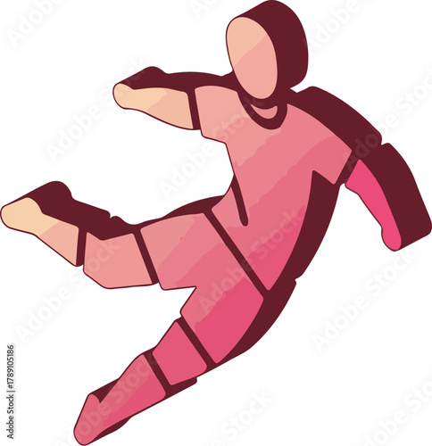 Illustration of a soccer player kicking a ball in mid-air during a world cup match with a dynamic motion and vibrant pink tones against a clean white background.