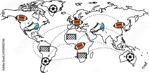 Illustration of a world map with soccer balls and flags on various countries, connected by dotted lines, highlighting global soccer connections.