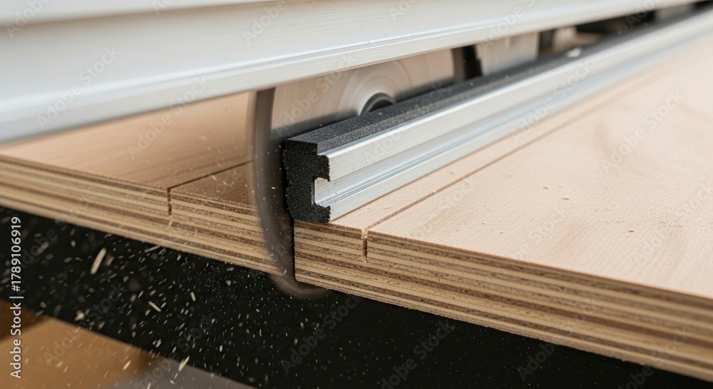 Obraz premium Close up of a table saw fence and guide rail system on a wooden workbench for precise woodworking and diy projects