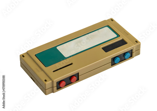 Retro game console cartridge with red and blue buttons on a white background.