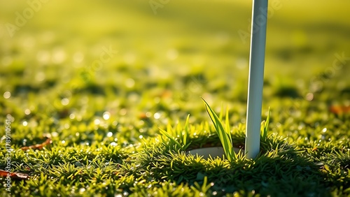 tennessine. Fresh divot mark on golf course turf with upturned grass and morning dew. real-estate listings, architecture portfolios, designed for interior renovation comparisons for interiors.