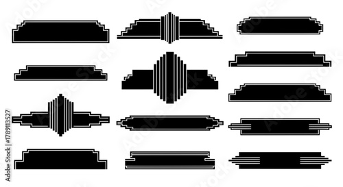 A set of twelve black and white Art Deco style frames and banners. Geometric vector shapes for vintage labels, invitations, or roaring 20s design.