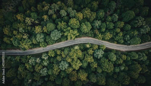 A cinematic top-down aerial view of a winding asphalt road gently curving through a dense, lush green forest canopy, evoking a sense of journey and adventure