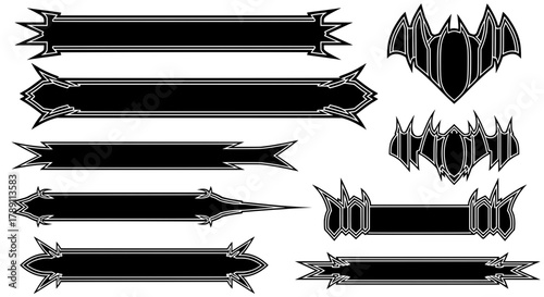 A set of spiky gothic banners and sharp fantasy frames. These aggressive black vector shapes are ideal for heavy metal logos, gaming titles, or tattoos.