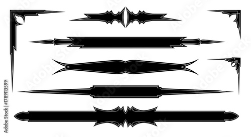 A set of sharp, gothic banners, frames, and corner elements. Vector shapes for fantasy game logos, edgy tattoos, or modern tribal decoration.