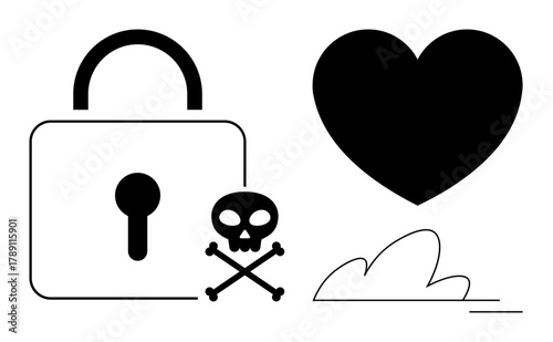 Padlock with skull and crossbones beside heart and cloud. Ideal for love, security, risk, protection, emotions, feelings, vulnerability. A simple flat metaphor
