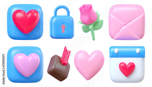 Colorful 3D Icons Featuring Hearts, Flowers, and Lock for Love Themes and Style