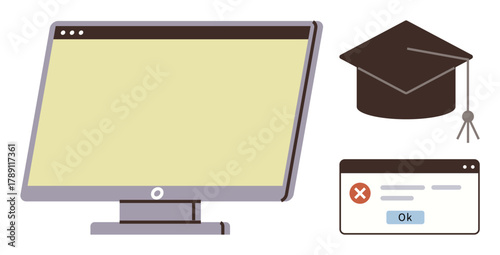 Computer monitor, graduation cap, and error message window symbolize online education, technical difficulties, and learning hurdles. Ideal for e-learning, education, technology, troubleshooting