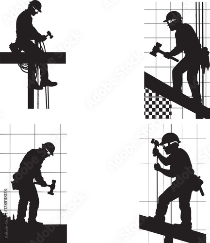 Hard hat construction worker silhouette holding a large hammer.