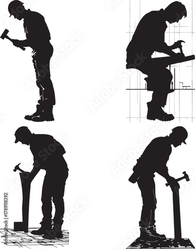 Construction worker silhouette holding hammer, hard hat, work
