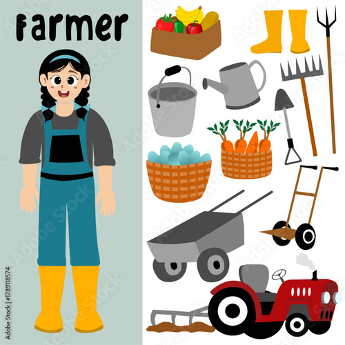 Agricultural worker set. Farm workers ready. Farmer Character Harvesting in the Field. Fruit yield, shovel, hoe, farming tools
