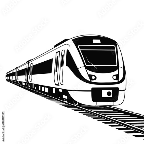 Modern high speed train traveling on tracks black and white illustration