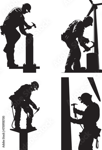 Worker silhouette hammering, wearing hard hat, safety gear.