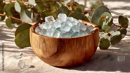 Wooden Bowl Filled with Ice Cubes Surrounded by Eucalyptus Leaves.