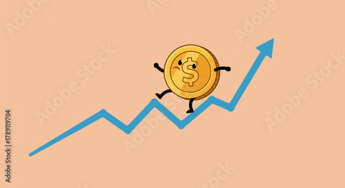 Coin character climbing a financial growth graph, representing investment success.