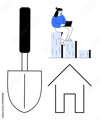 Woman seated on bar chart using a laptop, next to a shovel and house outline. Ideal for growth, development, analysis, real estate, construction, investment, entrepreneurship simple flat metaphor