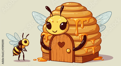 Cute cartoon bee and beehive with honey dripping illustration.