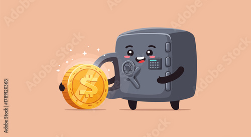 Cute cartoon safe holding a golden coin, financial concept.