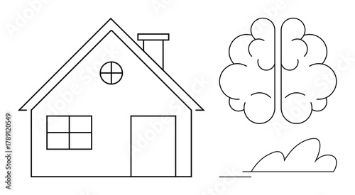 House with a pitched roof, rectangular door, window, brain-thumbs up tree design, and bush in outline style. Ideal for creativity, environment, balance, simplicity home mindfulness sustainability