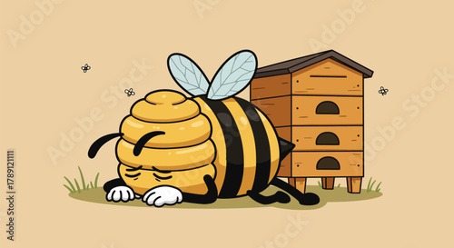 Cute Tired Bee Sleeping Next to Beehive Illustration.