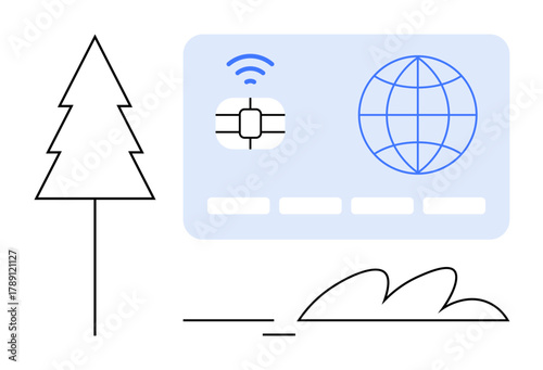 RFID chip, global network, wireless signal beside a tree and bush. Ideal for sustainability, technology, smart systems, communication, eco-friendly innovation globalization nature balance. Simple