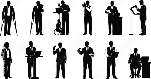 Business professionals, reporters, and journalists silhouettes, people with microphones and cameras, corporate communication, press conference, business presentation, media coverage, teamwork