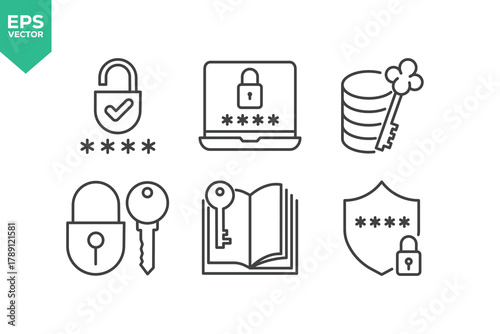 Set of Line Icons Related to Security, Protection, Password, Access, Lock, Key, Padlock, Computer Network, Cybersecurity, Remote Work, Thief, and more.