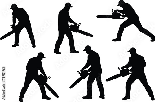 Chainsaw operator silhouettes, cutting poses, black figures, cap-wearing workers, tool handling, safety gear, posture variation, intense stance, digital art, construction theme
