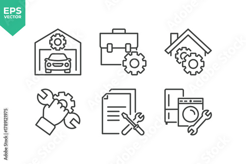 Set Of Repair Line Icons. The set includes a Maintenance, Repairman, Home Repair, Customer Service, Car Repair, Tools, Appliance Repair, and more.