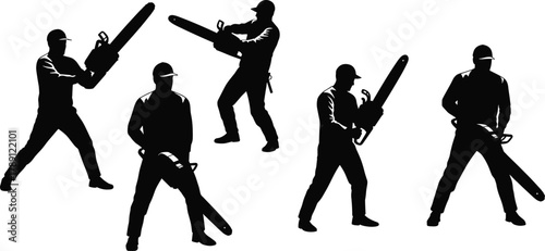 Chainsaw operator silhouettes, safety gear figures, helmeted workers, black shapes, cutting stance variation, tool handling, construction theme, digital art, white background