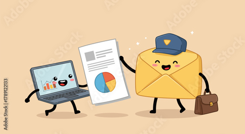 Email marketing and data analysis concept with laptop and envelope characters.