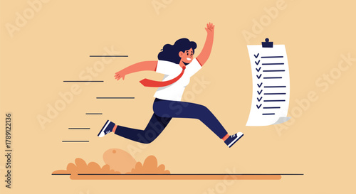 Energetic businesswoman sprints towards completing her checklist with determination and focus.