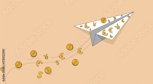 Financial Flight - Paper Airplane Soaring with Currency Symbols.