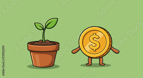 Financial Growth - Investing in a Plant and a Dollar Coin.