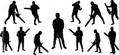 Chainsaw silhouette poses, central static figure, dynamic tool stances, black shapes, posture contrast, character design, visual storytelling, digital art, white background, action theme