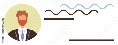 Male avatar in a suit with text placeholders and wavy lines. Ideal for profile visualization, business, branding, communication, networking, identity, education and customization. Simple flat