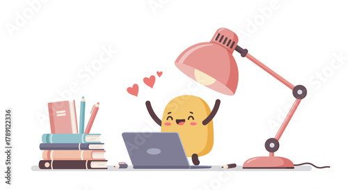 Happy character working on laptop under a desk lamp.