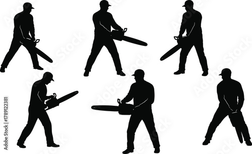 Chainsaw silhouette poses, cap-wearing worker, black figures, cutting stance variation, tool handling, safety posture, labor theme, digital art, white background