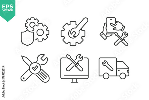 Set Of Repair Line Icons. The set includes a Maintenance, Repairman, Home Repair, Customer Service, Car Repair, Tools, Appliance Repair, and more.