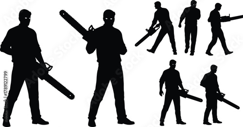 Chainsaw silhouettes, glowing eyes, dramatic poses, black figures, horror theme, tool handling, intense stance, construction gear, suspense style, digital art, mystery concept