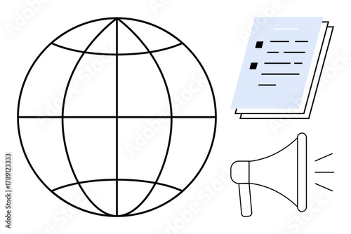 Globe outline, stack of papers, and megaphone represent worldwide communication, content sharing, public relations, digital media, global business, education presentations. Simple flat metaphor