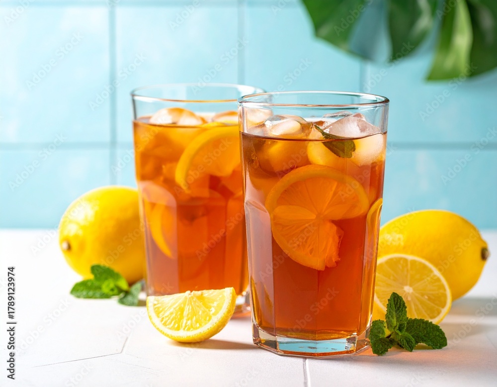 Fototapeta premium Fresh iced lemon tea with ice cubes on bright pastel background, suitable for ads, menus, and summer drink promotions.