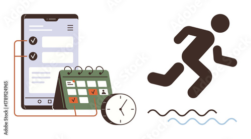 Mobile app interface with task list, calendar for planning, and clock icon paired with running figure over waves. Ideal for productivity, organization, fitness, goal setting, scheduling, routine