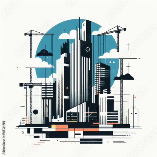 Modern city skyline with construction cranes and skyscrapers.