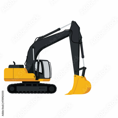 Yellow and black excavator construction vehicle with large bucket.