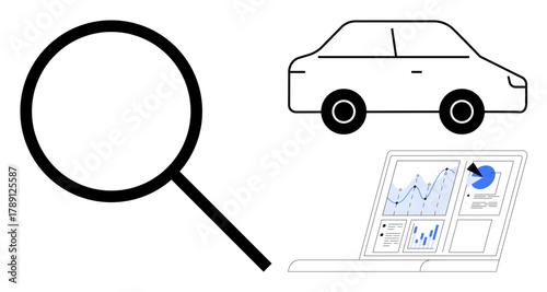 Magnifying glass, car, and statistical dashboard on a laptop screen represent automotive analysis, research, data collection, market strategy, innovation, industry trends and problem-solving. Ideal