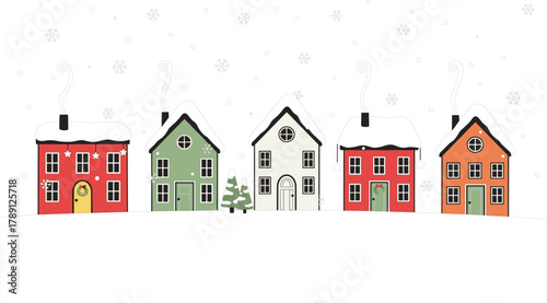 Colorful winter houses on snowy hill, festive Christmas tree, falling snowflakes, cozy holiday village scene, stylized seasonal illustration, warm chimney smoke vector