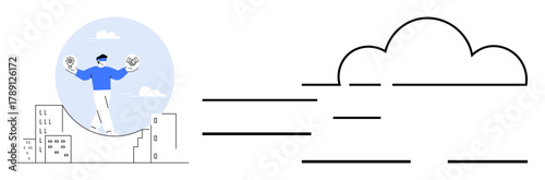 Individual walking on a beam above buildings, juggling tasks in both hands, with a large abstract cloud. Ideal for multitasking, innovation, productivity, cloud computing, urban life, challenges
